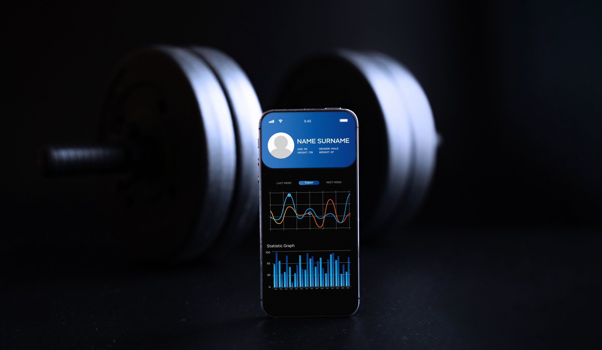 Gym app. Smartphone screen with sport gym or fitness health mobile application on black dumbbell background. App for training indoors.